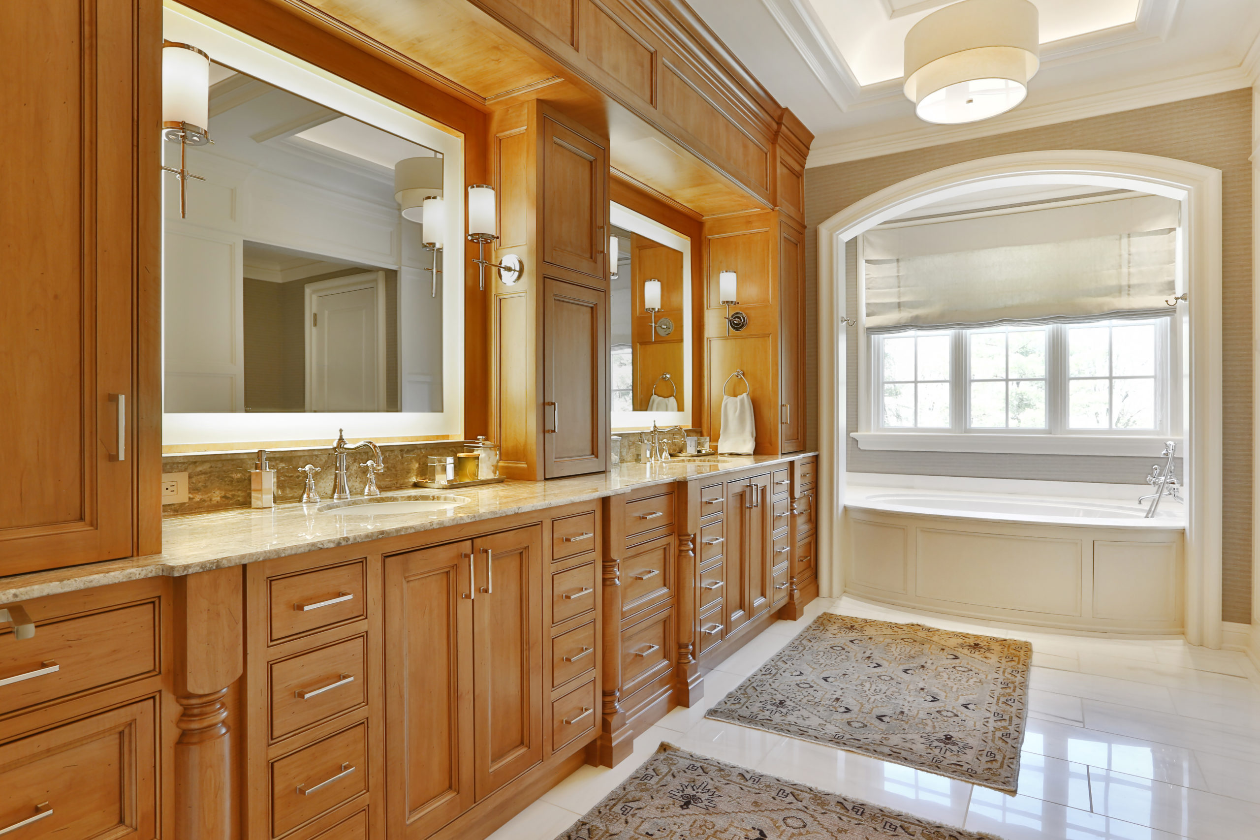 Oak bathroom double vanity with center storage unit